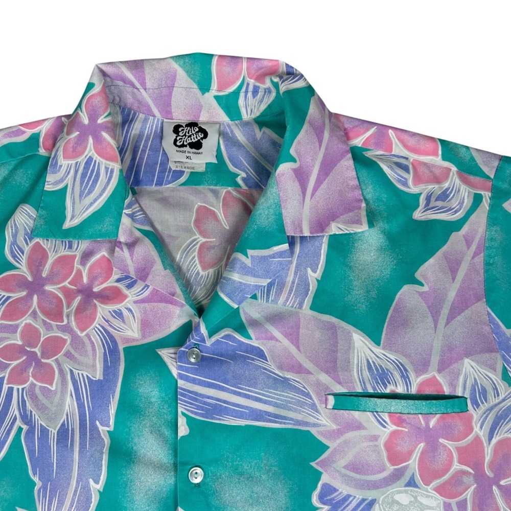 Vintage Hilo Hattie Hawaiian Shirt Teal Floral Made in Hawaii Mens XL Resortwear